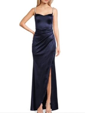 Honey and Rosie Navy Satin Sweetheart Slip Gown with Side Slit